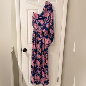Pink Lily Navy and Pink Floral One-Shoulder Dress